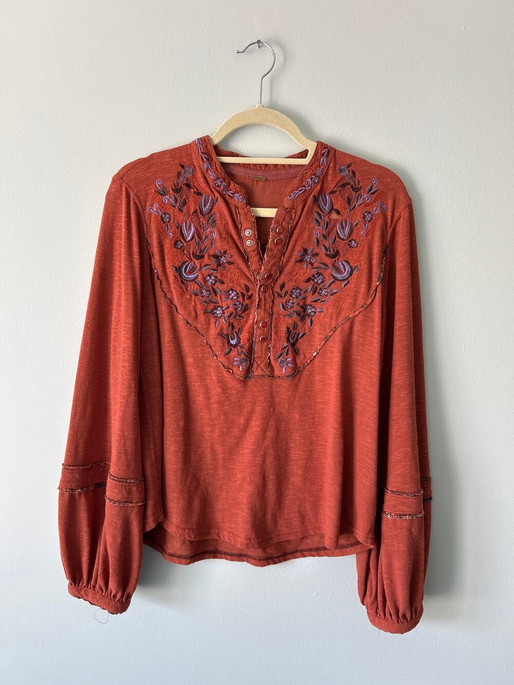 Free People Rust Brown Floral Embroidered Long Sleeve Top Linen Blend XS